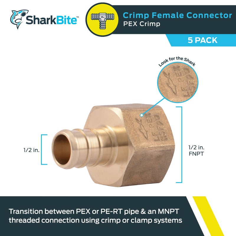 SharkBite 1/2 x 1/2 Inch FNPT Crimp Adapter, Pack of 5, Brass Plumbing Fitting, PEX Pipe, PE-RT, UC072LFA5 - Image 2
